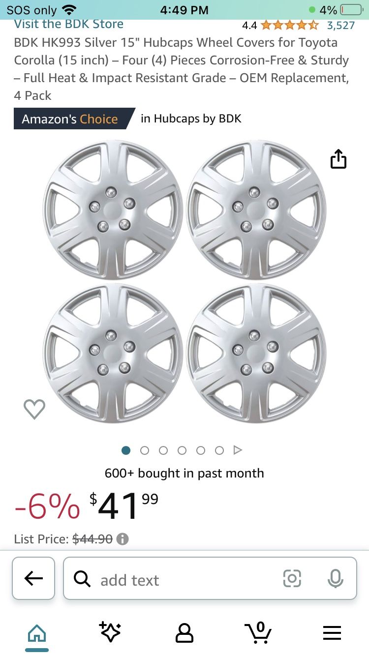BDK HK993 Silver 15" Hubcaps Wheel Covers for Toyota Corolla (15 inch) – Four (4)