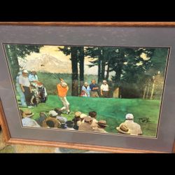 Golfer / Golf Tournament Signed Orig Mid century Painting 37x29 -Wood Frame
