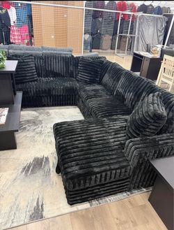 Large Black Ribbed Fabric Sectional Sofa