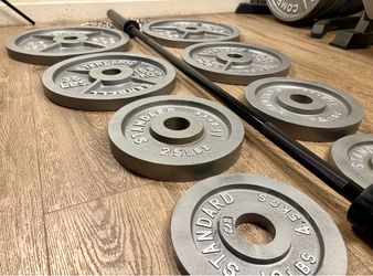 Olympic Set: NEW 6 ft Barbell is cooper bearings & Gray CAP Cast Iron Weight Plates  from 5s to 45s  Pounds In NEW Condition, [Total: 282 lbs]