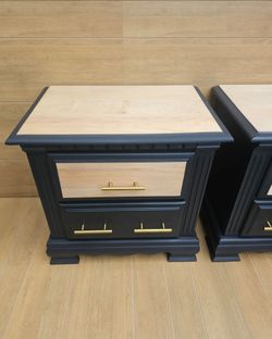 Solid Wood Refinished Nightstands | Natural Wood + Matte Black | Pair