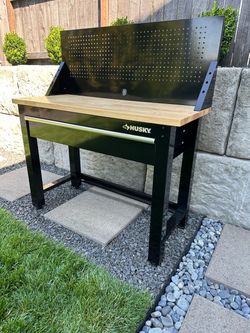 Husky 48”W x 20”D 1-Drawer Black Workbench with Pegboard and Solid Wood Top
