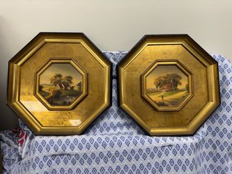 Vintage Pair Octagonal Gold Framed Country Landscape Art – Large Decorative Frames
