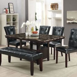 Brand New Espresso Black  6pc Marble Top Dining Table Set 