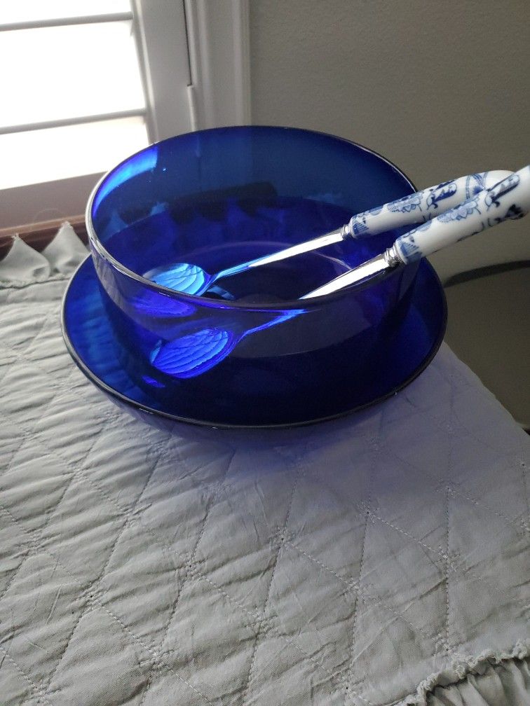 Beautiful Pewter Blue Salad Bowl With Dish.