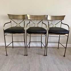 (3) Black Leather Brass Bar Chairs
