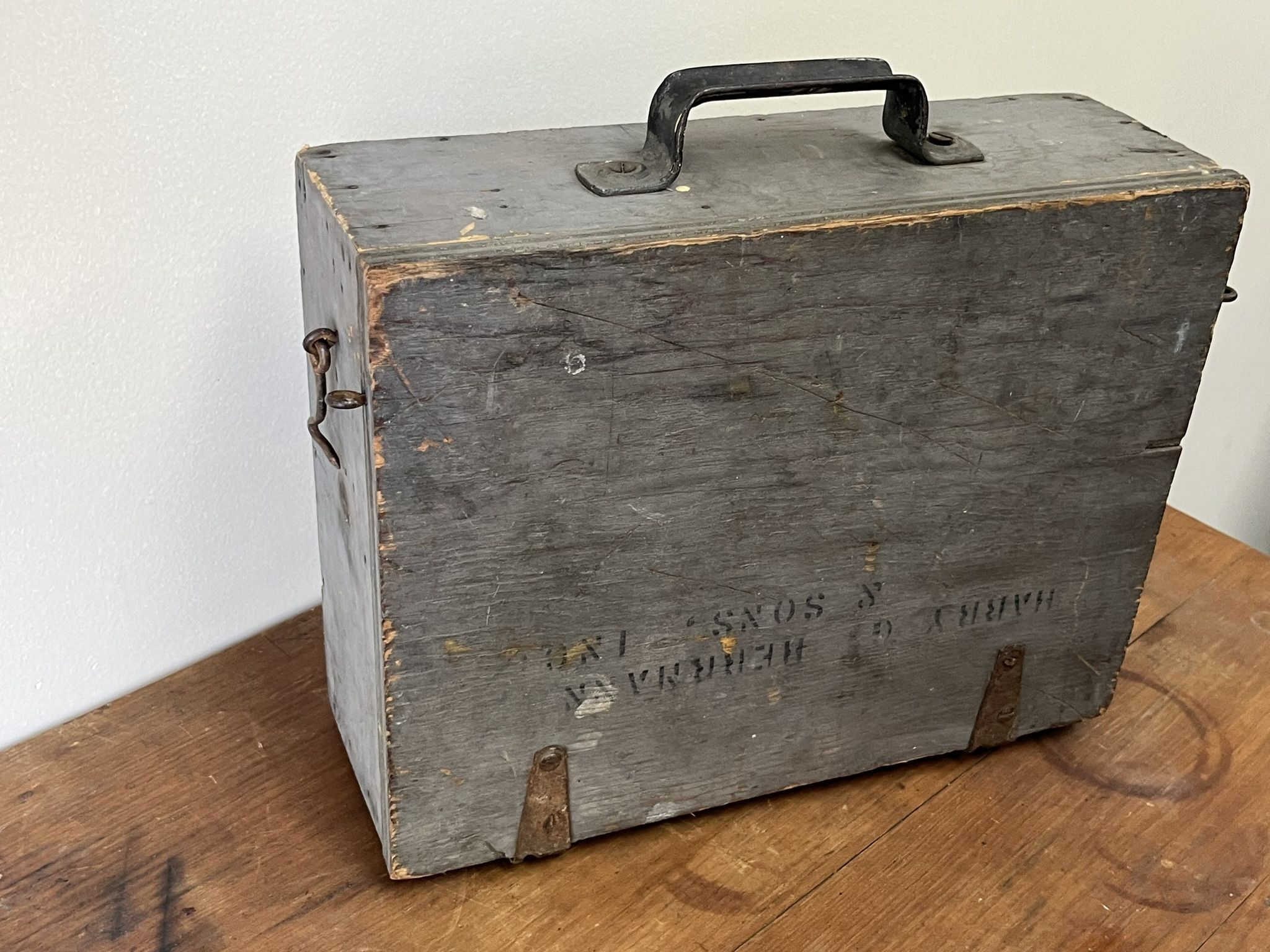 Old Wood Tool Box. Gray Wood With Cast Metal Handle Hinges and Hooks