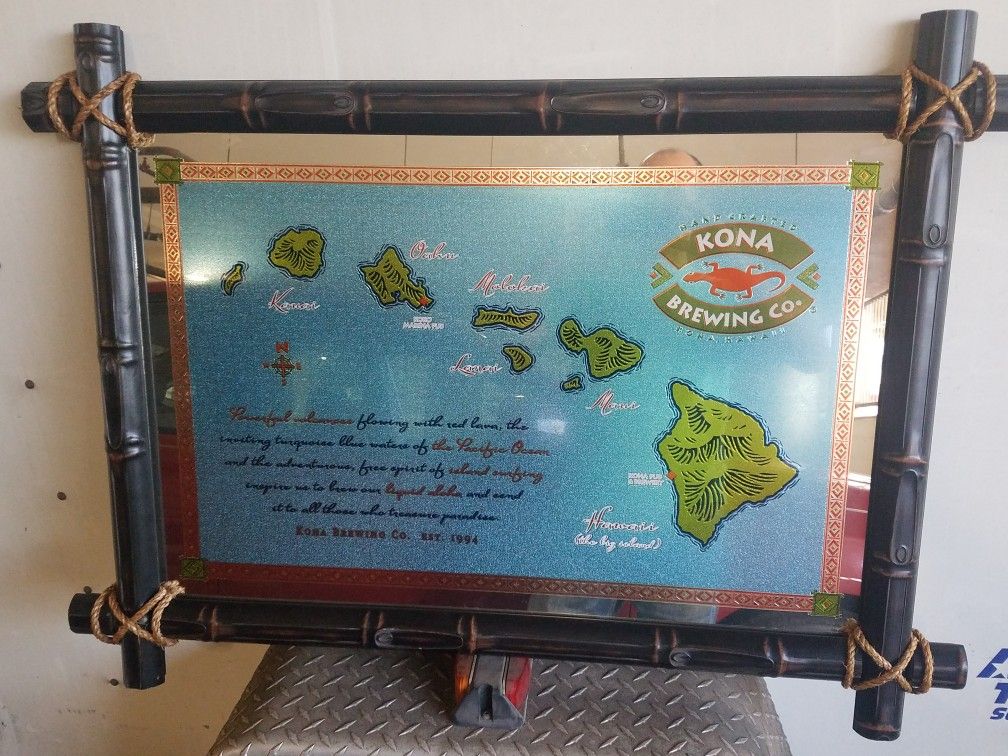 Amazing super rare heavy tiki style man cave bar mirror Kona brewing Co. Wood frame