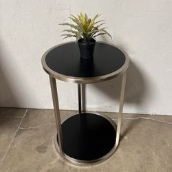 Round Two-Tier Black & Silver-Tone Side Table