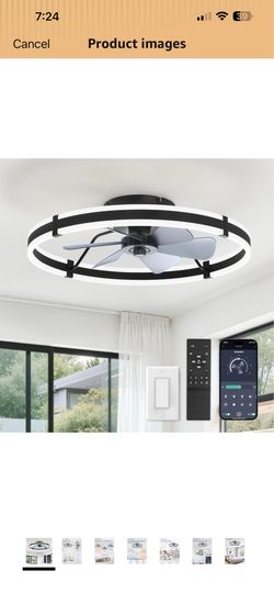 24 Inch Ceiling Fans with Lights and Remote, Modern Low Profile Ceiling Fan, 3000-6000K Dimmable Flush Mount LED Fan Light, 6 Wind Speeds, Fandelier C