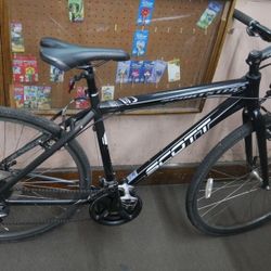   scott sportster P6 hybrid aluminum bike 21 speed hydro tubing size medium black used   shimano acera rear derailleur , 050 shimano SIS front deraill