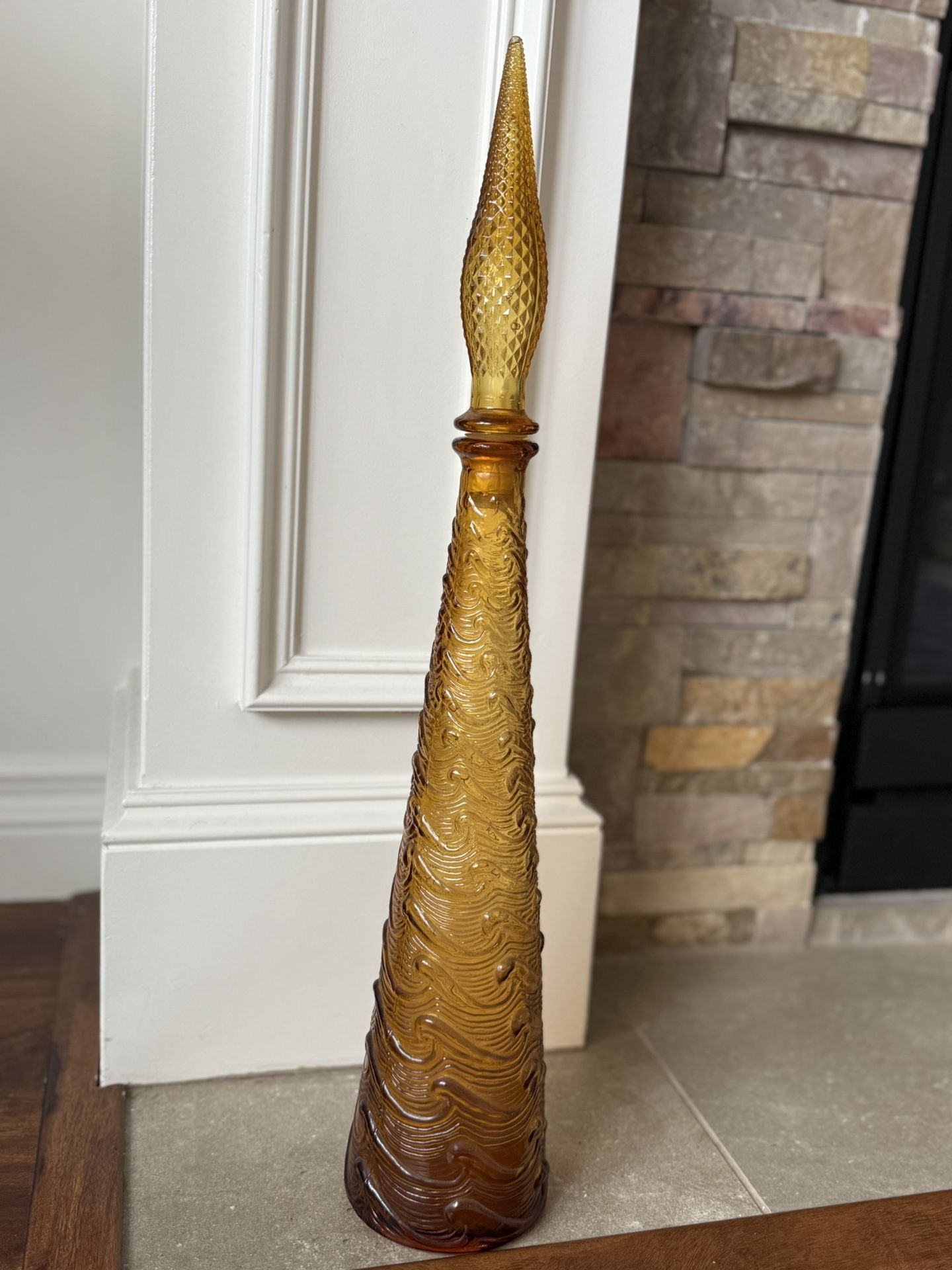 Vintage Amber Italian Empoli Glass Vase with Stopper – Wave Pattern – 23” Tall – Good Condition