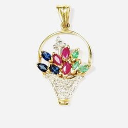 14kt Dije De Oro Canasta 🧺 Con Piedras Rubys Esmeraldas Y Zafiros 