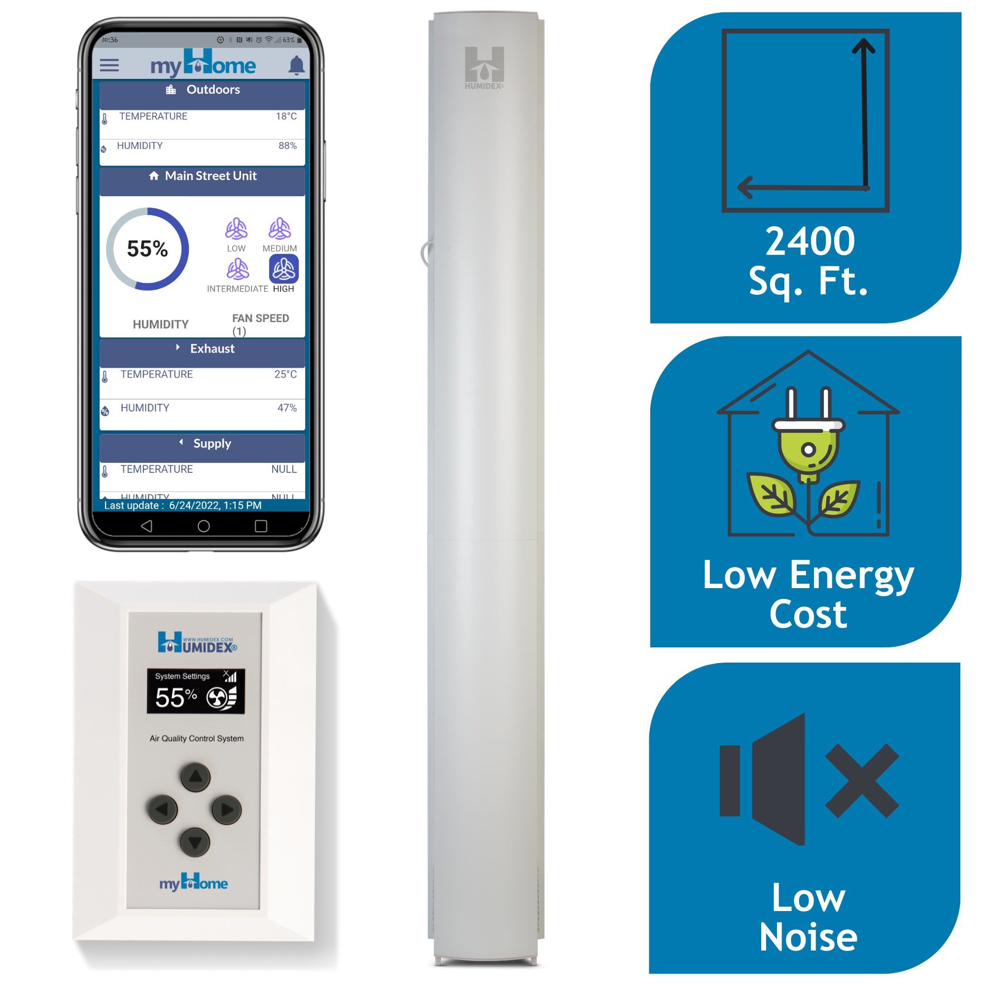 Humidex Tower Basement Dehumidifier - Up To 2400 Cubic Ft + Remote & Digital App