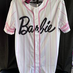 Barbie Women's Varsity Baseball #59 Jersey White & Pink Stripes Size M