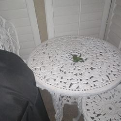 3 Piece White Paint Metal Bistro Set Table and Two Chairs 