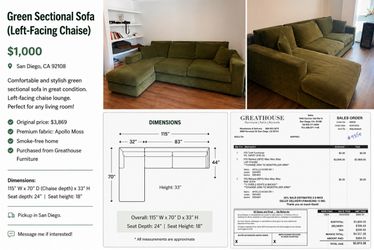 Green Sectional Sofa w/ Chaise – Excellent Condition