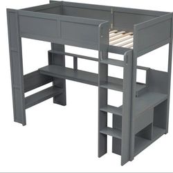 New in box Wood Gaming Loft Bed with Desk, Multi-storage Shelves LED and Charging Station, Dark Gray