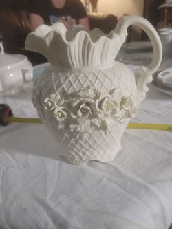 White Ceramic Floral Pitcher Vase