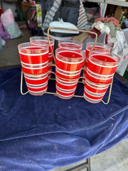 Vtg. Hazel Atlas Red /White striped Set of 6 drinking glasses W/ metal carrier