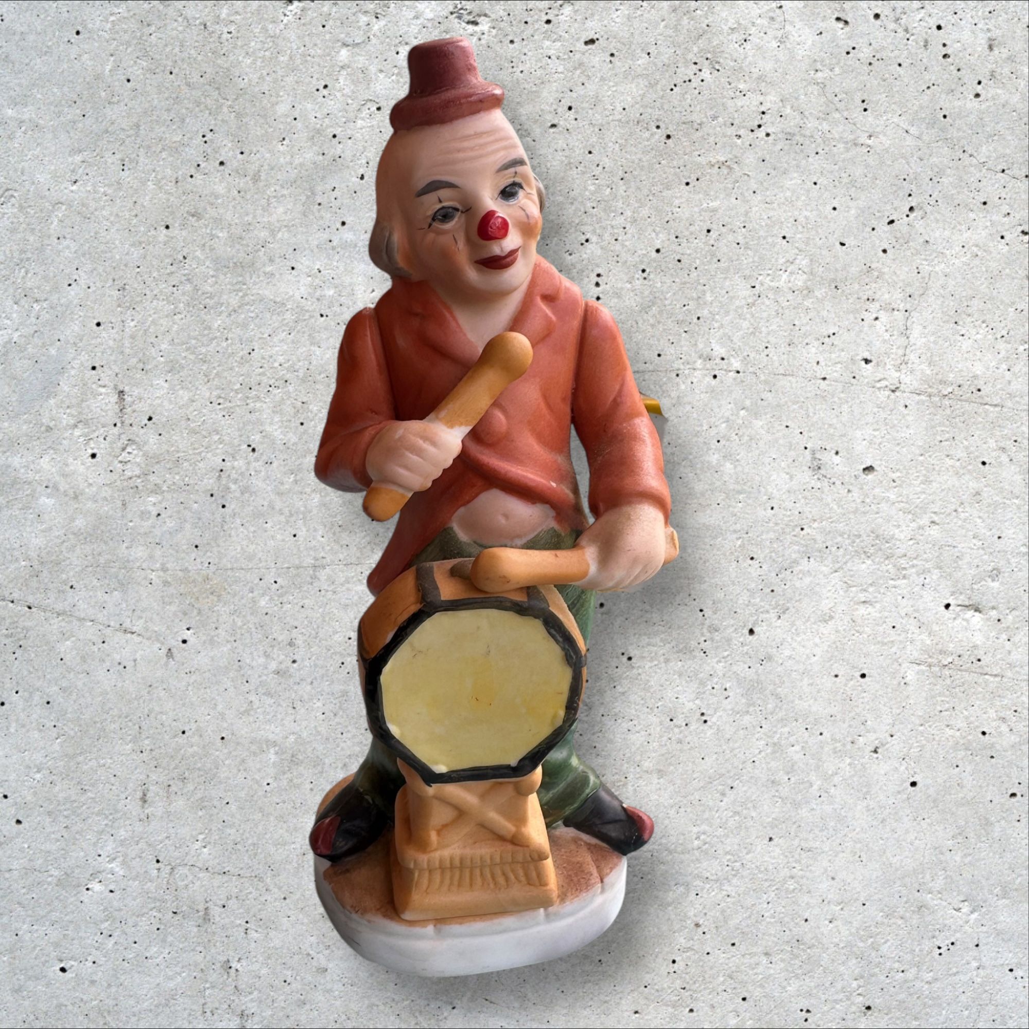Vintage 1970s Bisque Musician Whimsical Clown Hobo Drum 6" Figurine Porcelain