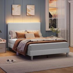 Bestier Full Bed Frame with Adjustable Headboard, LED Lighting, Vertical Channel Tufted Corduroy Upholstered, Solid Wooden Slats Support, No Box Sprin
