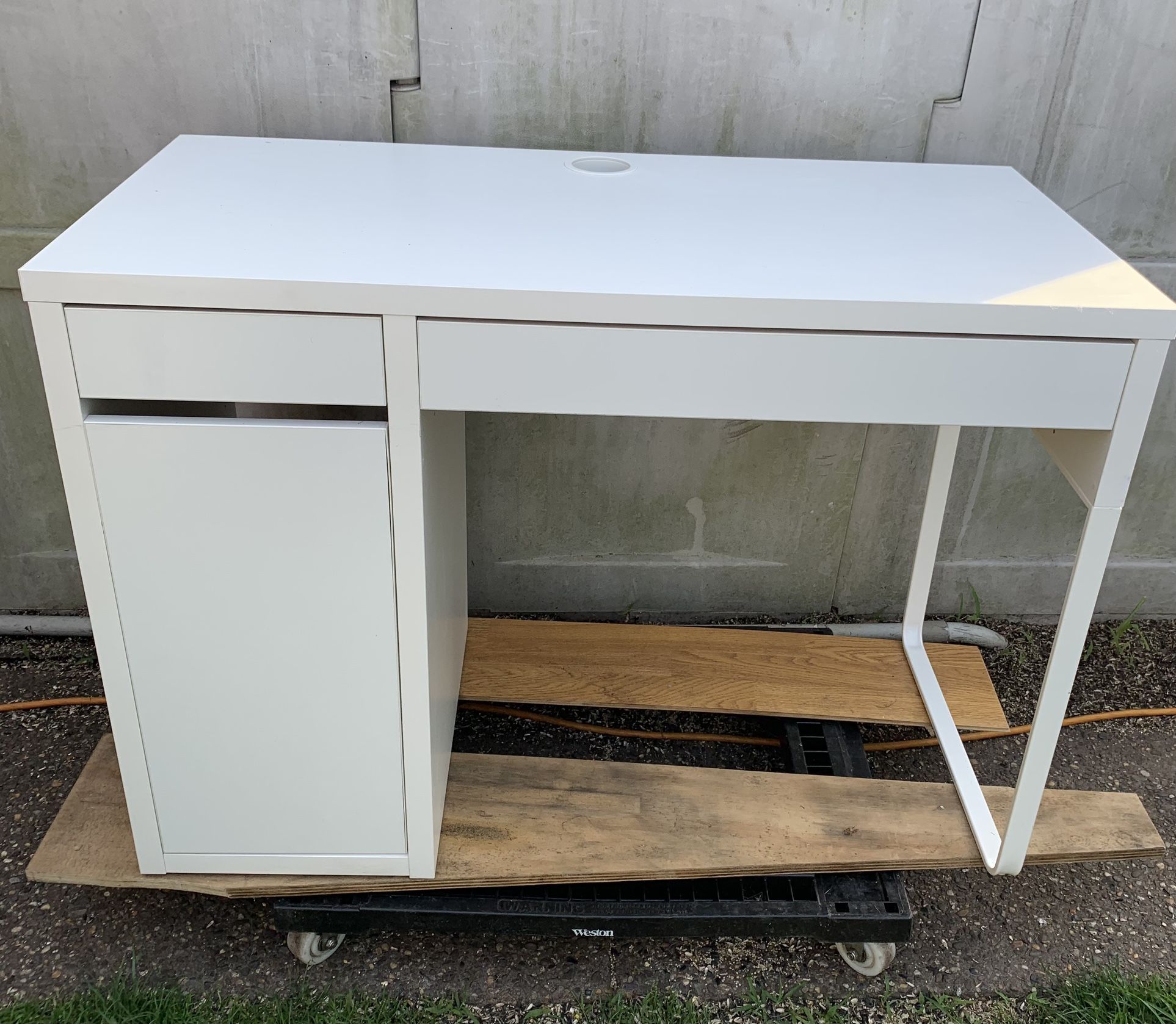 Desk white 29 1/2 high 41 wide 18 1/2 deep 2 drawers and shelves behind door access on top for your computer wires