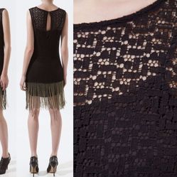 Zara Guipure Crochet Lace Diamante Fringe Dress M