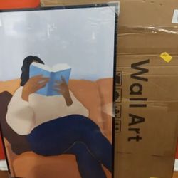 Framed Black Woman Reading Wall Art for Living Room, Modern Funny Blue Book Brown Canvas Picture Artwork, Portrait Painting Prints for Dining Room Hal