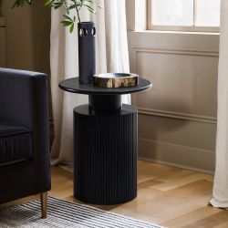 Collin Black Side Table with Cylindrical Wood Base ，IF2234