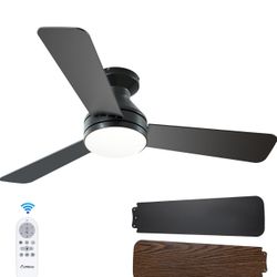 Light and Remote Control, Flush Mount, Reversible, 3CCT, Dimmable, Noiseless, Black Ceiling Fan for Bedroom, Indoor/Outdoor Use