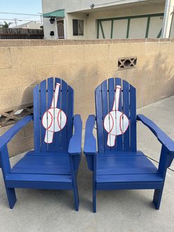 Bright and bold set of 2 wooden Adirondack chairs. Perfect for any backyard, patio, porch, or outdoor lounging area.  Pick up in Lawndale