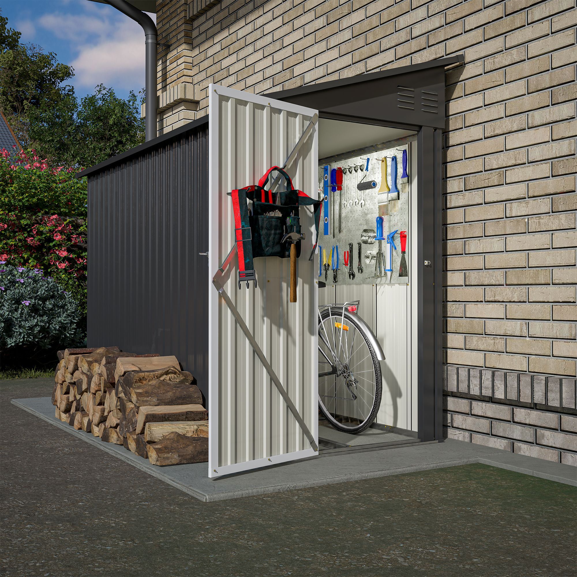 4' x 8' Metal Outdoor Storage Shed, Lean to Storage Shed, Garden Tool Storage House with Lockable Door and 2 Air Vents for Backyard, Patio, Lawn,Black