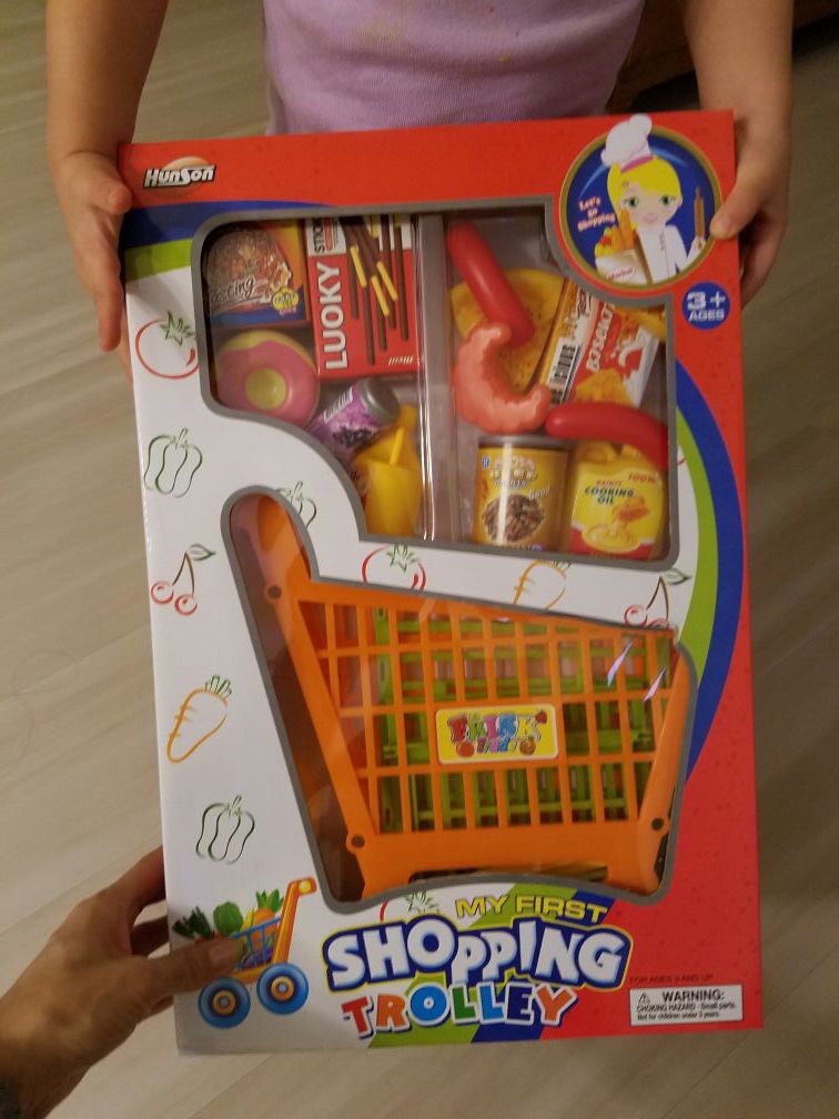 Kids toys, shopping trolley, shopping cart, food