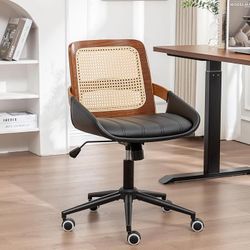 Home Office Desk Chair with Ergonomic Rattan Backrest, Walnut Crafts, Curved Arms, Faux Leather, Caster Wheels, Height Adjustable, Computer Chair for 