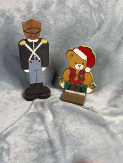 Christmas teddy bear and drummer boy wooden hand painted figurines Thumbnail