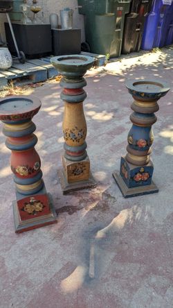 Vintage Hand-Painted Wood Candle Stick Stands