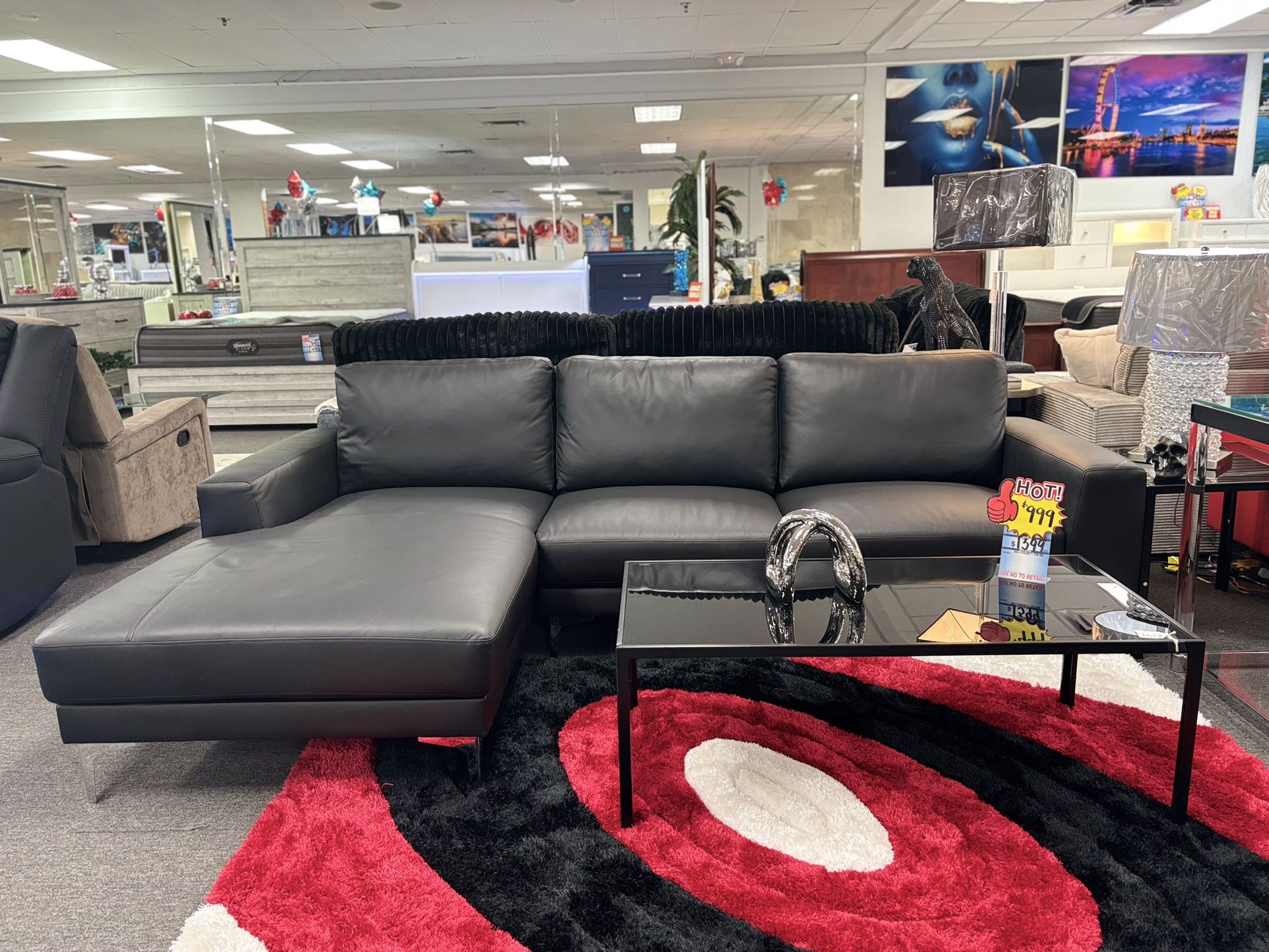 Black Real Leather Sectional Sofa For Sale (brand New Furniture)