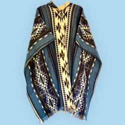 Soft & Cozy Wool Hand-knitted Poncho With Collar Real Coconut Button, Color Blue,Black,Gray & Beige, Unisex.Handmade