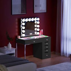 Diana RGB Vanity Desk with 6 Storage Drawers and Marilyn Hollywood Vanity Mirror
