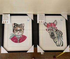 Framed Matted Wall Art, Cat & Zebra - Set of 2