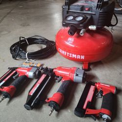 Craftsman 150psi 6 Gal Air Compressor W/ 3 Nail Guns , Hose, And A Pack Of Nails 