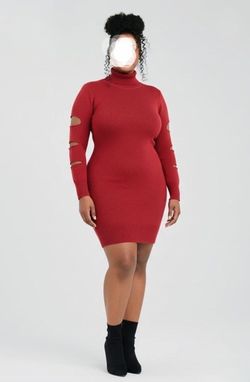 Red Turtleneck Glitter Sweater Dress with Cutout Sleeves