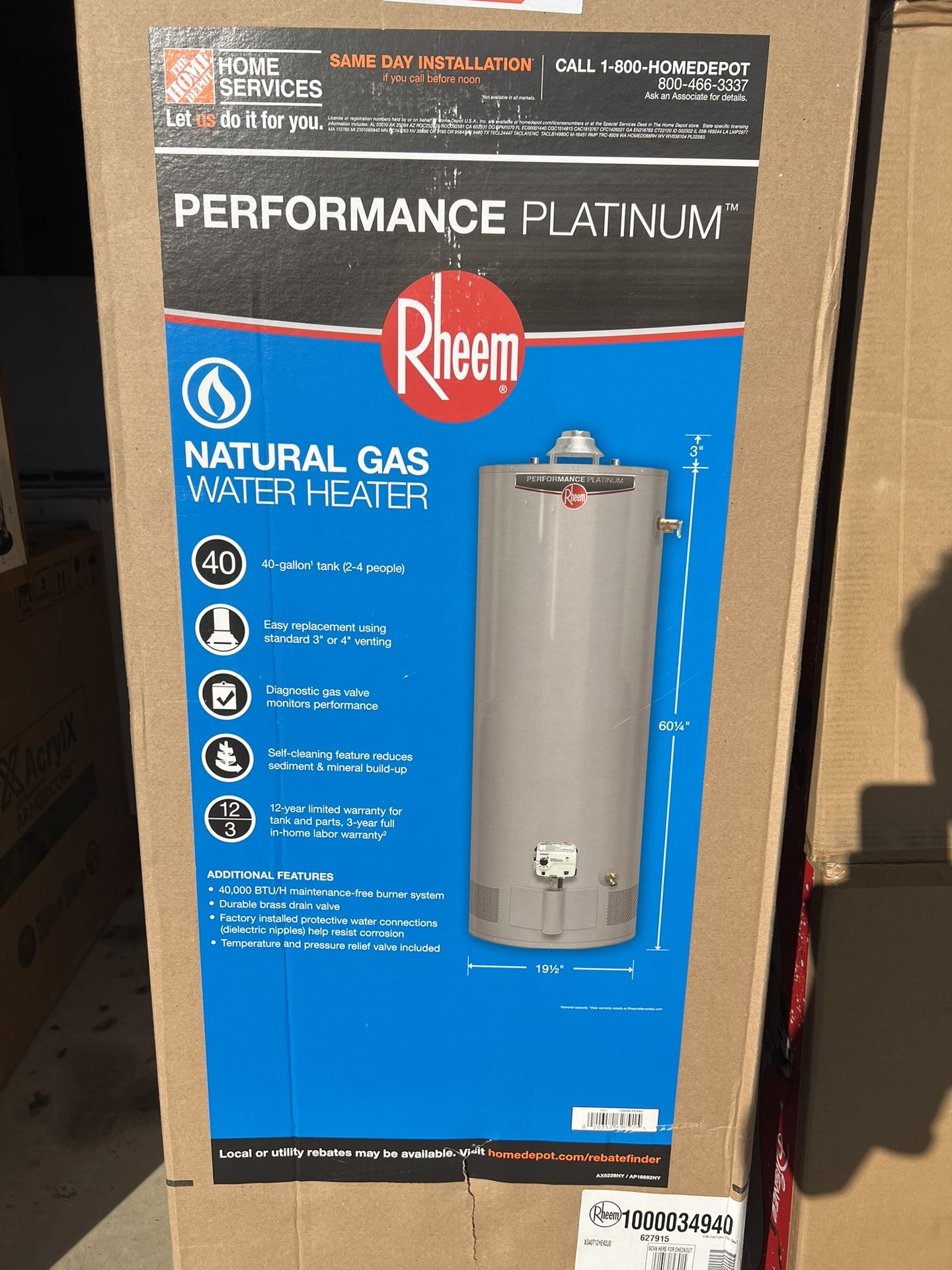 Rheem 40 Gal 40,000 BTU Natural Gas Water Heater 