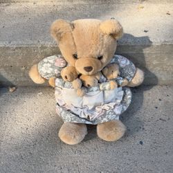 VTG Teddy Bear W Babies Old Fashioned Plush 