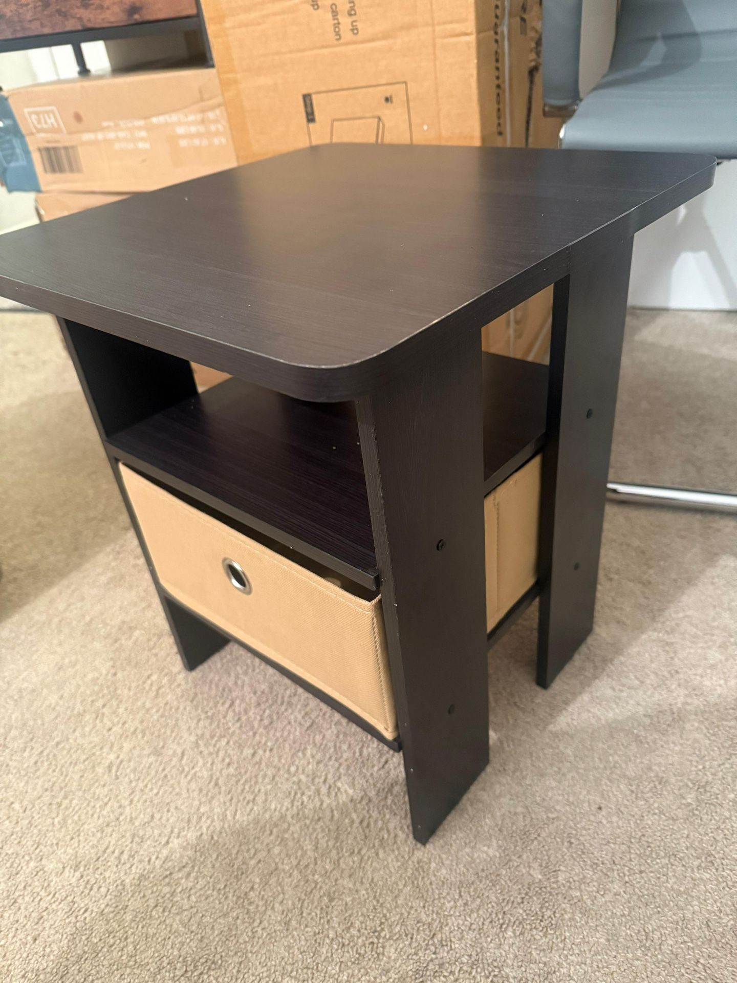 Side Table, End Table, Night Stand with Open Shelves and Storage Bin, Bedside Table, for Living Room, Bedroom, Espresso   New sealed un assembled 20$ 