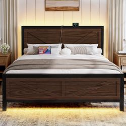 Rustic Bed Frame King Size with Barn Door Headboard, LED Bed Frame with Charging Station, Industrial Platform Metal Bed Frames, No Box Spring Needed, 