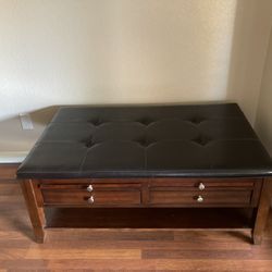 Coffee Table Leather/Wood Ottoman 