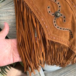 Vintage Cripple Creek Suede Fringe Vest Western Boho Cowgirl Leather Tan