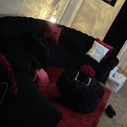 Black Velvet Sectional With Matching Ottoman 